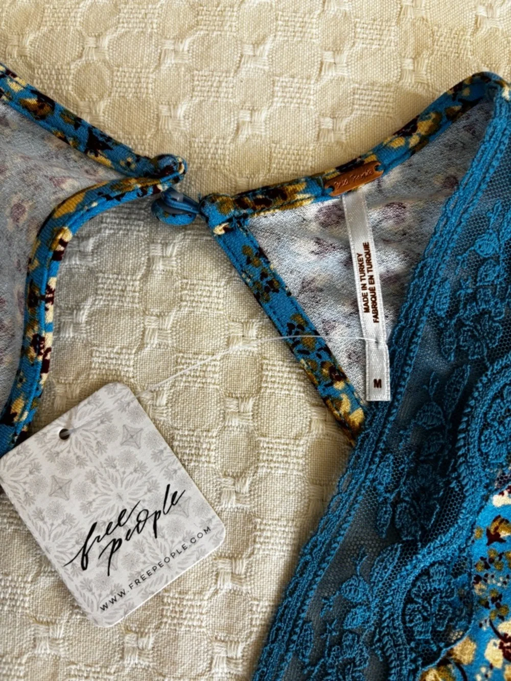 Free People Blue Floral Lace-Trim Open-Back Mini Dress - Picture 4 of 12